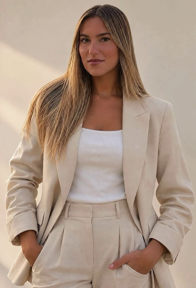 Ángela Cervera, psicóloga general sanitaria, de pie con traje beige junto a una pared cálida